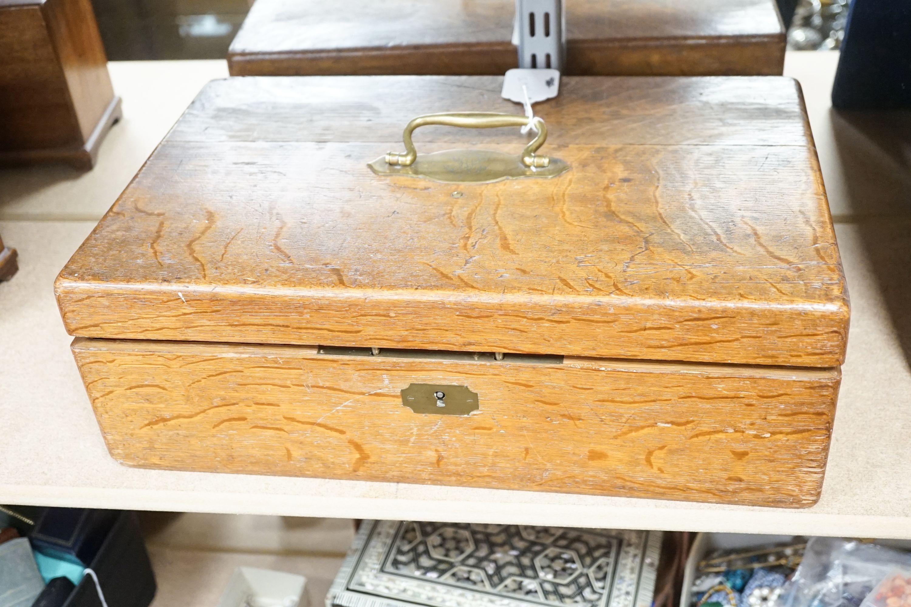 A French 950 standard white metal part canteen of cutlery, comprising fifty nine items, in oak canteen with brass handle, weighable silver 78oz.